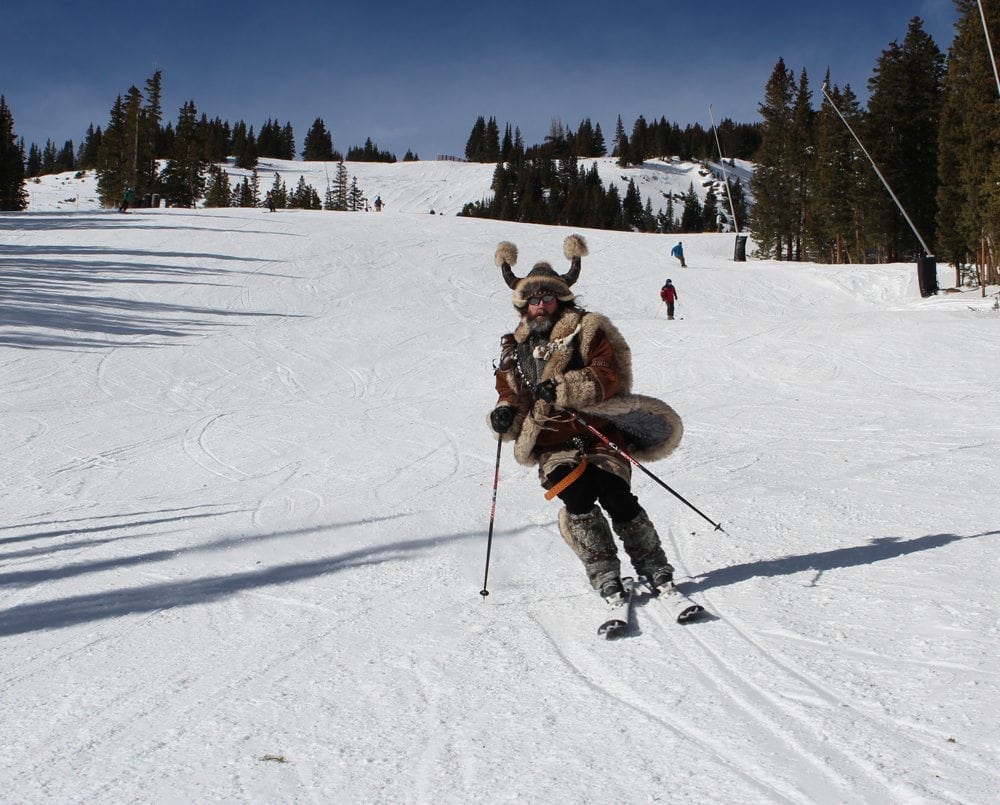 Breckenridge, Colorado skier wearing a horned Viking hat