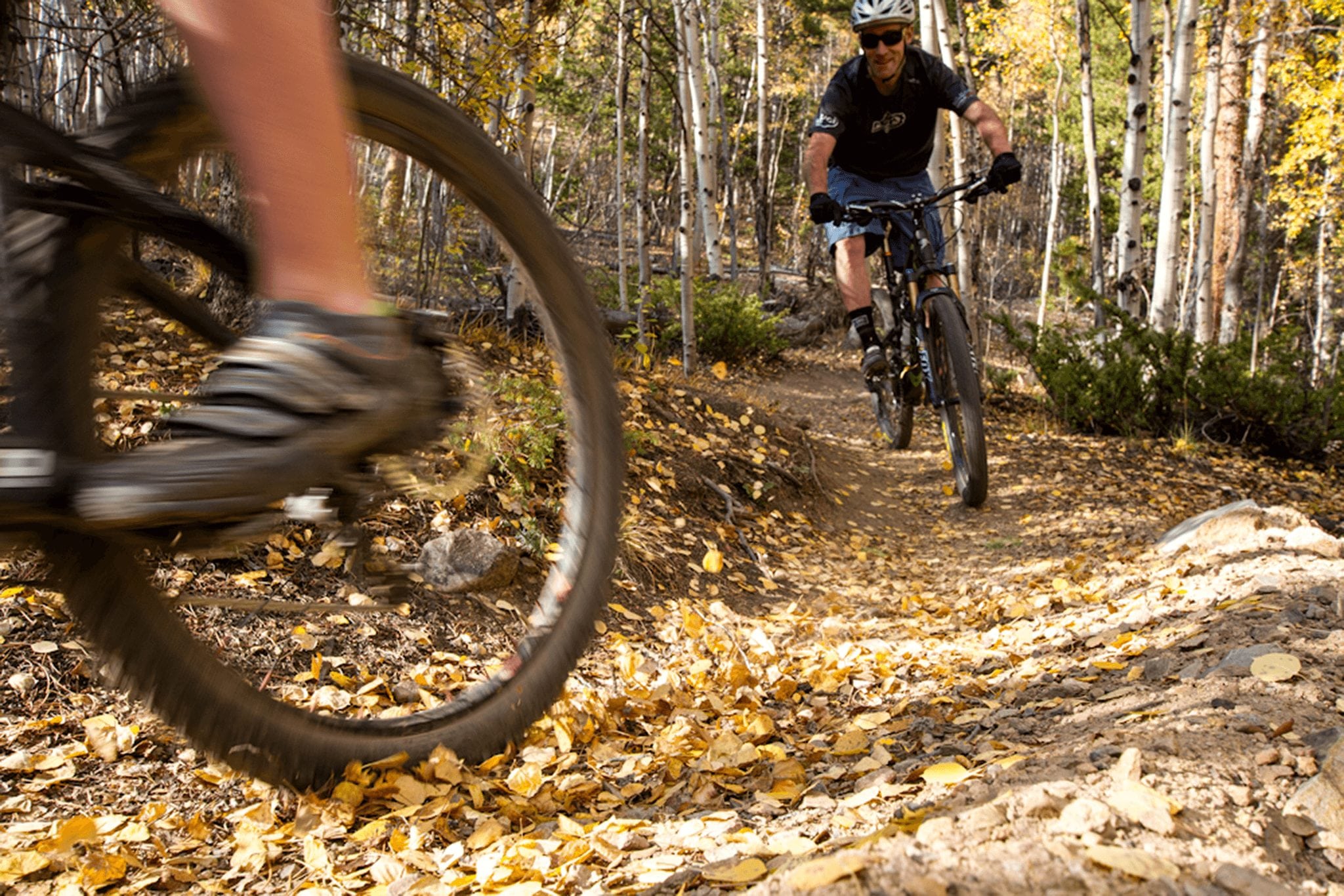 Two mountain bikers on a dirt trail with leaves on ground.