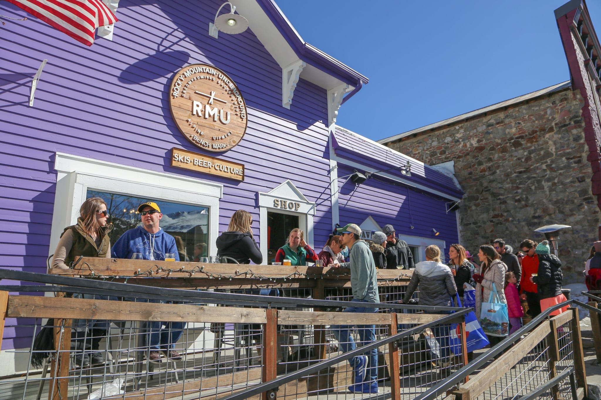 The outdoor deck of Rocky Mountain Underground in Breckenridge